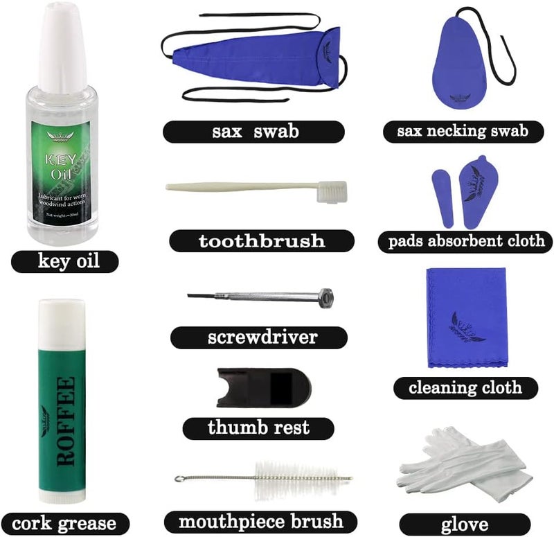 Rofee Saxophone Sax Cleaning Care Maintenance Kit,Key Oil,Cork Grease,Swab,Cleaning Cloth,Thumb Rest,Mouthpiece Brush and More - Image 2